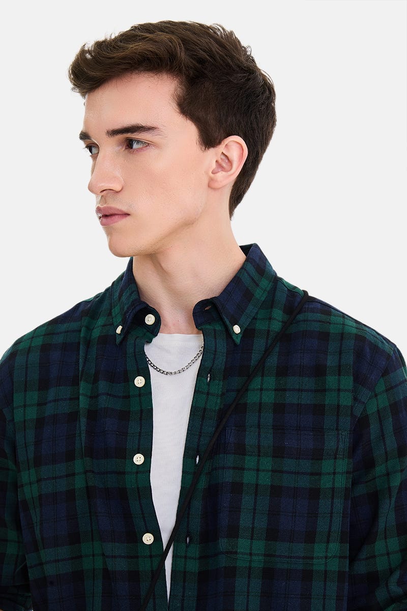 Men's Green & Navy Checked Casual Shirt